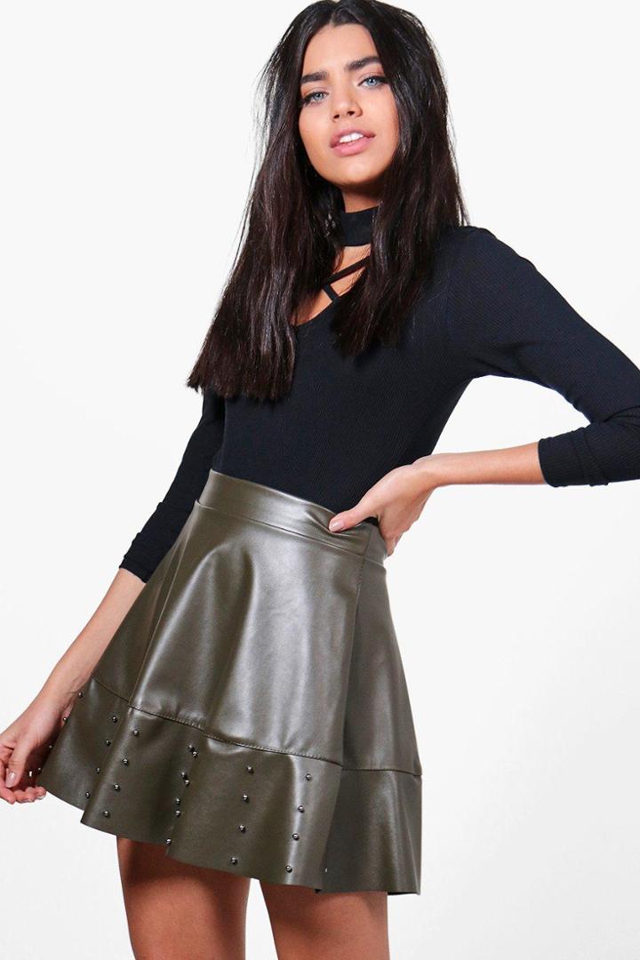 Boohoo India Leather Look Studded Skater Skirt Khaki