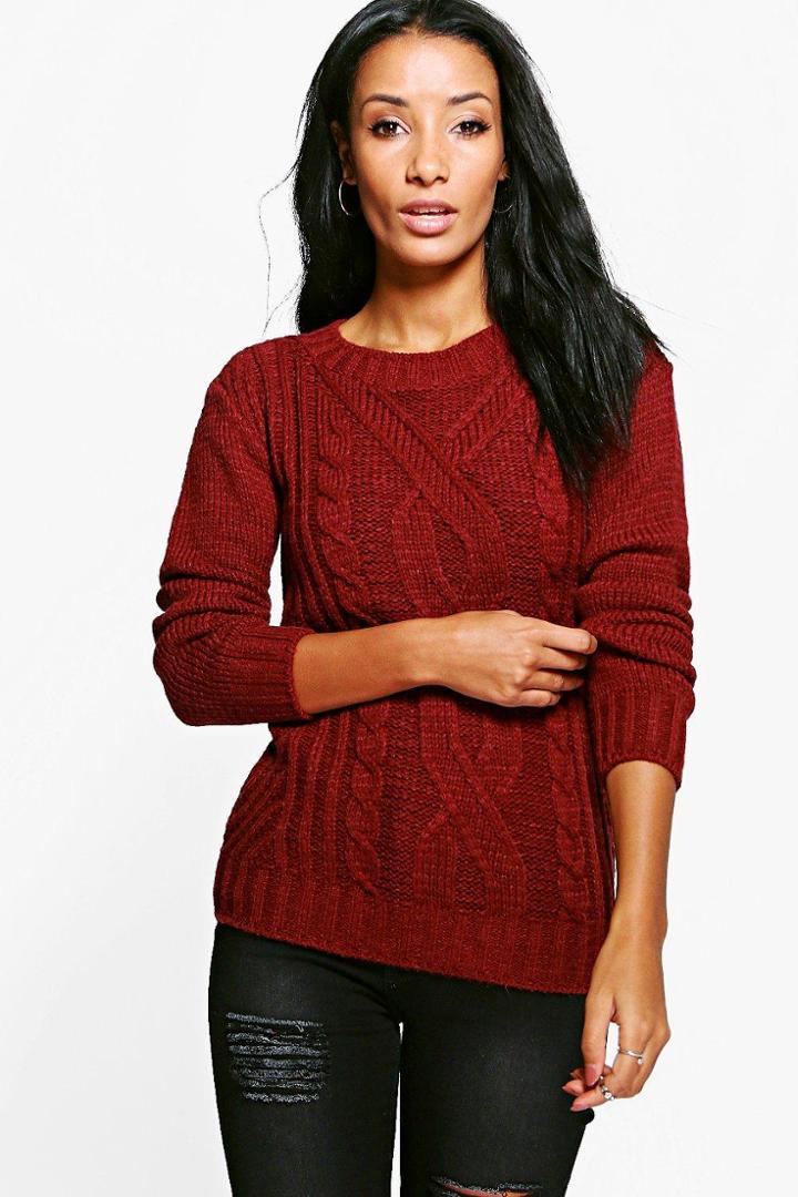 Boohoo Hannah Cable Knit Marl Chunky Jumper Merlot