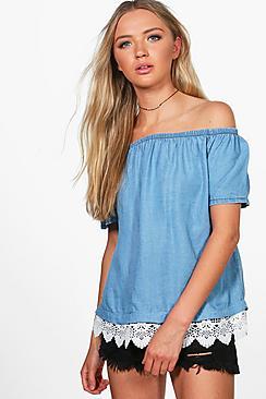 Boohoo Mary Off The Shoulder Crochet Hem Denim Top
