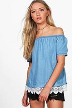 Boohoo Mary Off The Shoulder Crochet Hem Denim Top