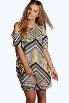 Boohoo Ruby Aztec Print Open Shoulder Shift Dress