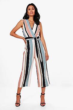 Boohoo Brianna Striped Tie Belt Culotte Jumpsuit