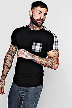 Boohoo Check Panel Muscle Fit T-shirt With Curve Hem