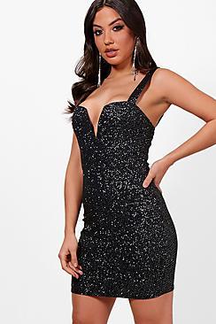 Boohoo Elsa Metallic Plunge Neck Bodycon Dress