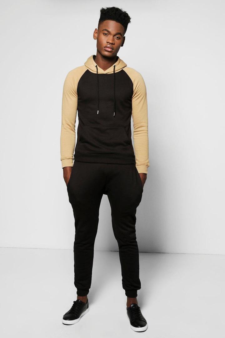 Boohoo Skinny Fit Raglan Hooded Tracksuit Sand