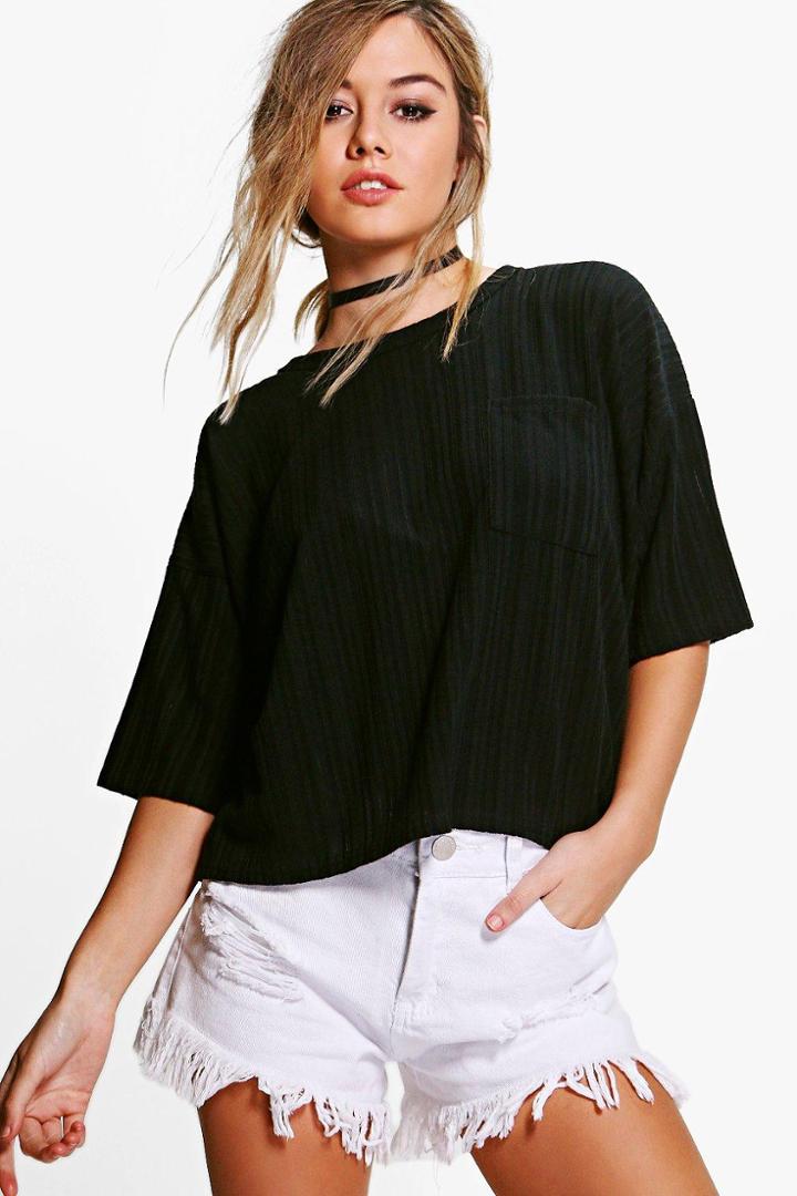 Boohoo Petite Leanne Oversized Rib Pocket Tee Black