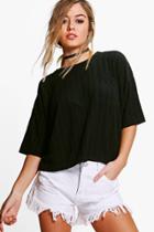 Boohoo Petite Leanne Oversized Rib Pocket Tee Black