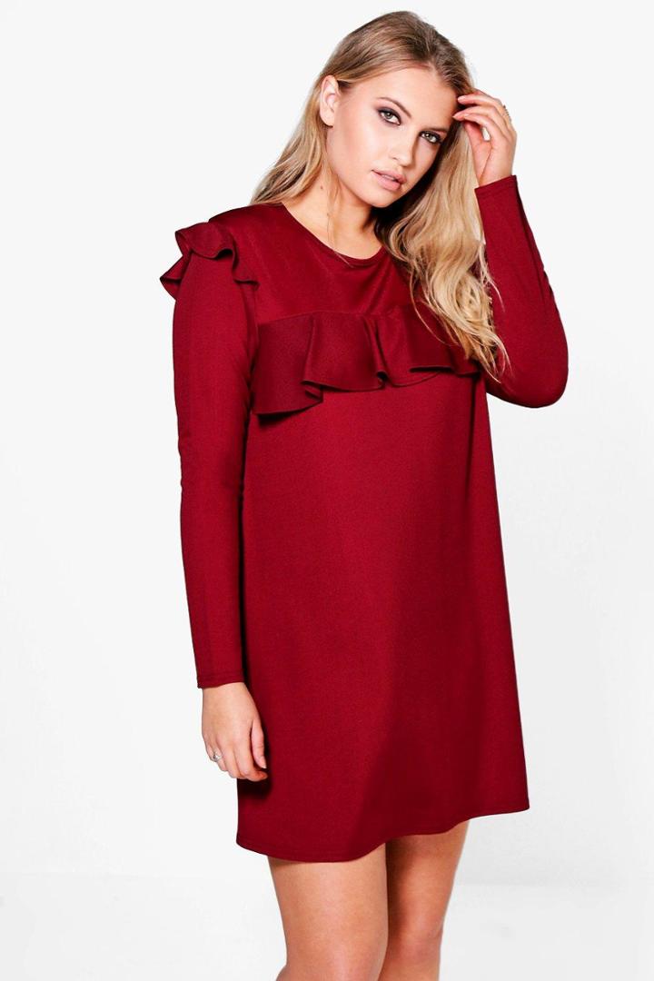 Boohoo Plus Josey Ruffle Textured Shift Dress Wine