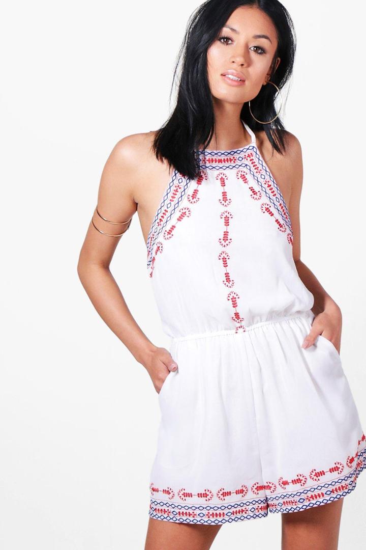 Boohoo Eilish Embroidered Halter Neck Playsuit White