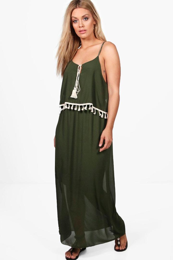 Boohoo Plus Melissa Tassel Trim Beach Dress Khaki