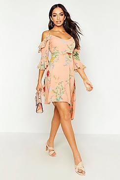 Boohoo Floral Cold Shoulder Skater Dress