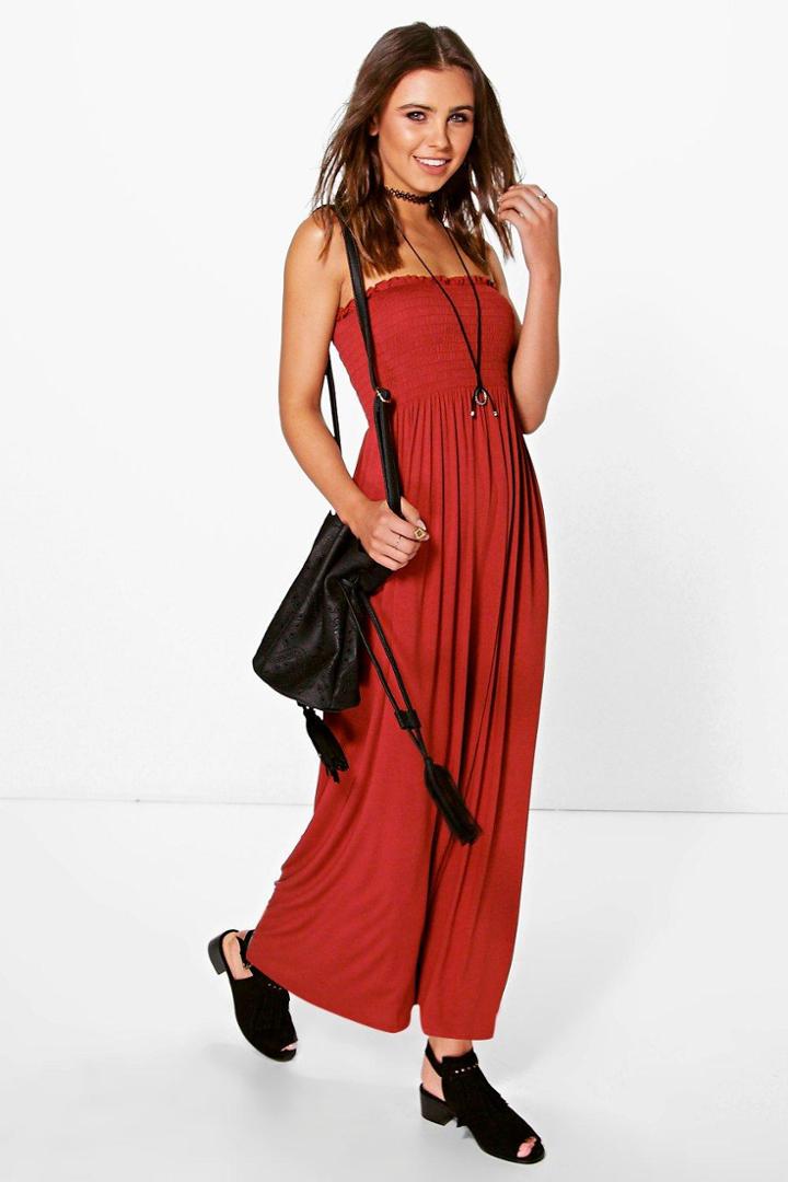 Boohoo Petite Rhiannon Shirred Jersey Maxi Dress Chestnut