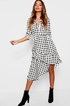 Boohoo Asymetric Ruffle Hem Checked Shirt Dress
