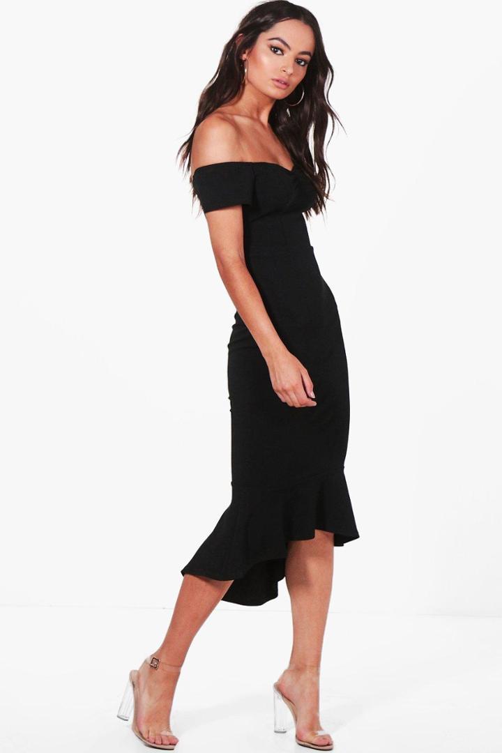 Boohoo Elsie Off The Shoulder Frill Hem Midi Dress Black