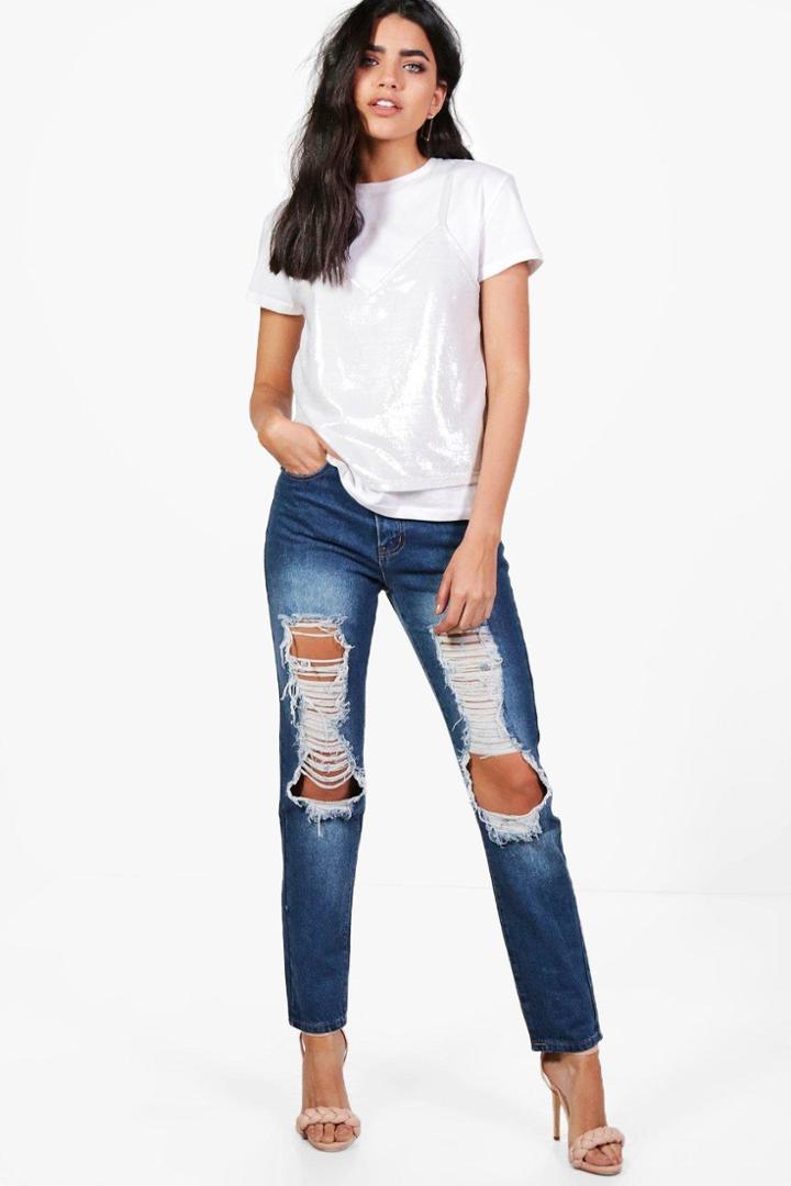 Boohoo Sally Heavily Distressed Boyfriend Jeans Indigo