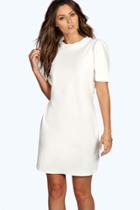 Boohoo Oana Puff Shoulder Crew Neck Shift Dress White