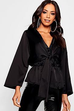 Boohoo Hammered Satin Tie Detail Pep Hem Blouse