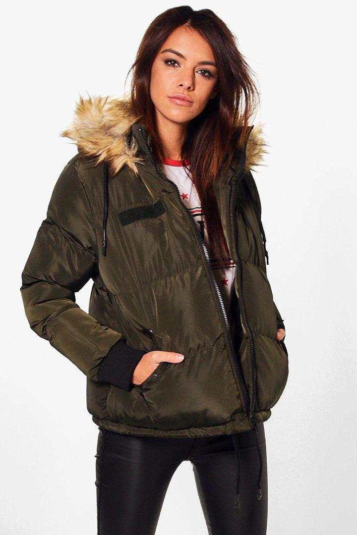 Boohoo Anna Short Faux Fur Collar Quilted Jacket Khaki