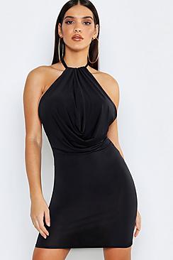Boohoo Slinky Halter Cowl Front Bodycon Mini Dress
