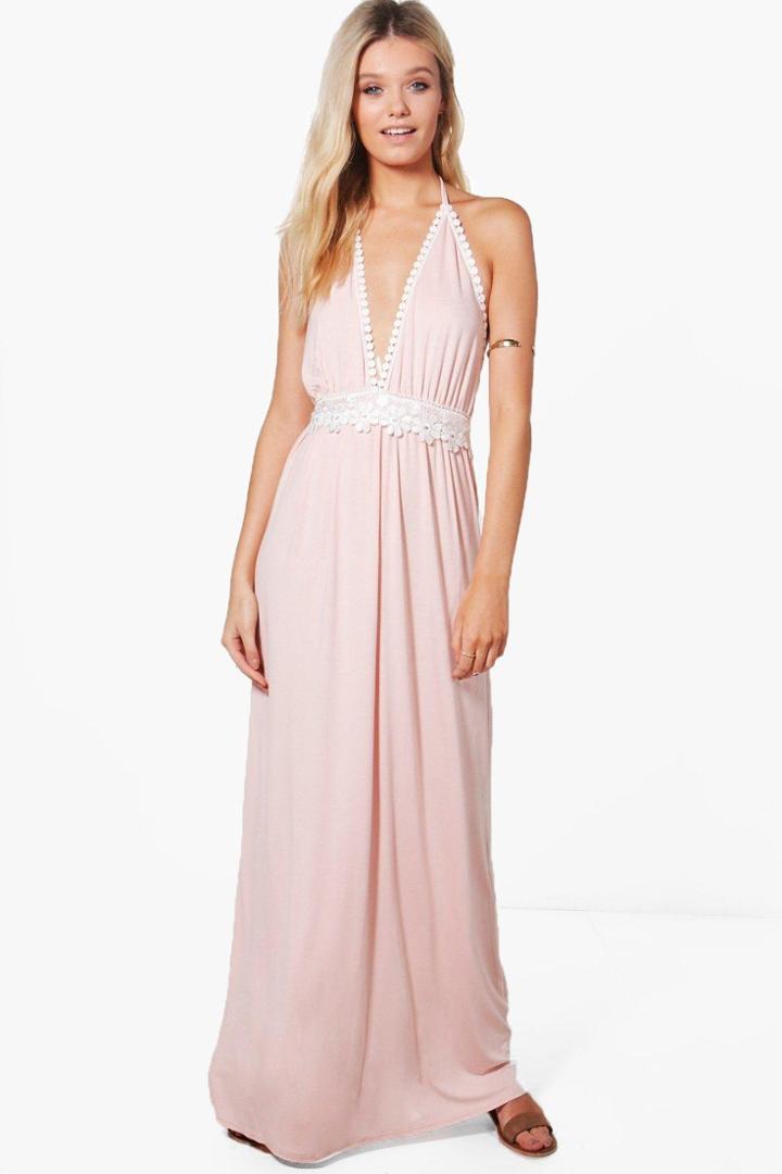 Boohoo Hollie Crochet Detail Halter Neck Maxi Dress Nude