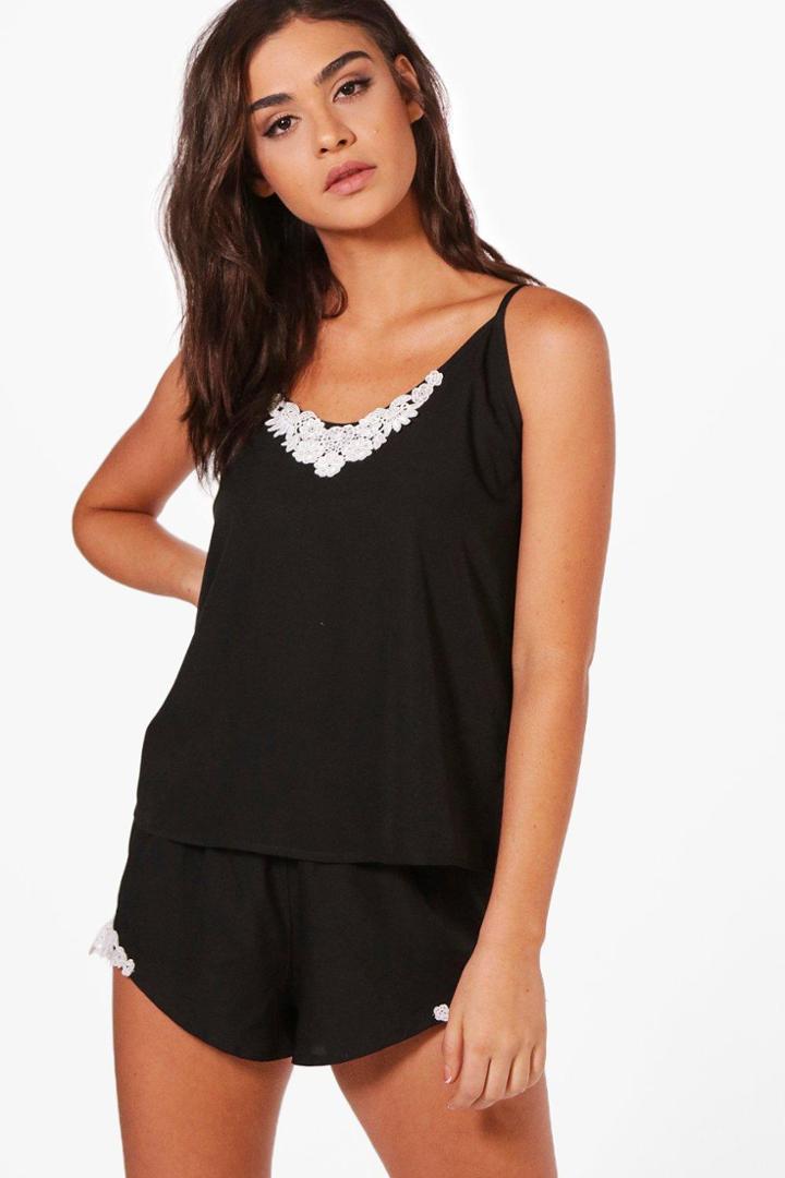 Boohoo Faye Lace Trim Cami & Short Set Black