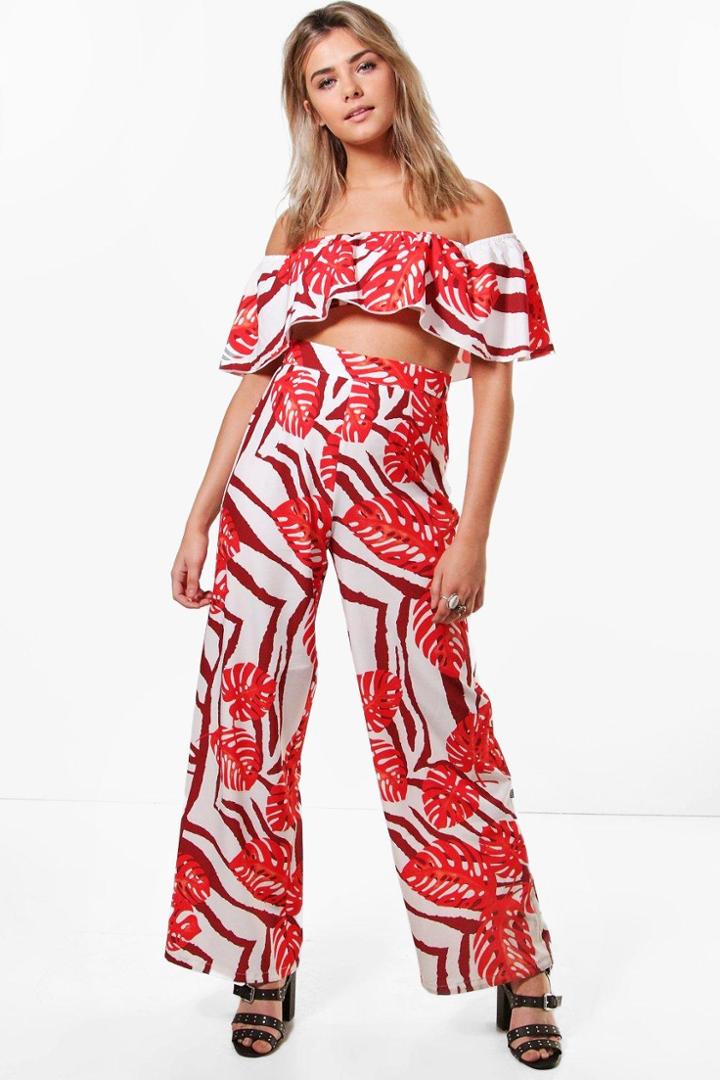 Boohoo Tayla Tropical Frill Bandeau & Trouser Co-ord Multi