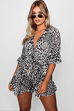 Boohoo Plus Zoe Leopard Print Plunge Wrap Playsuit