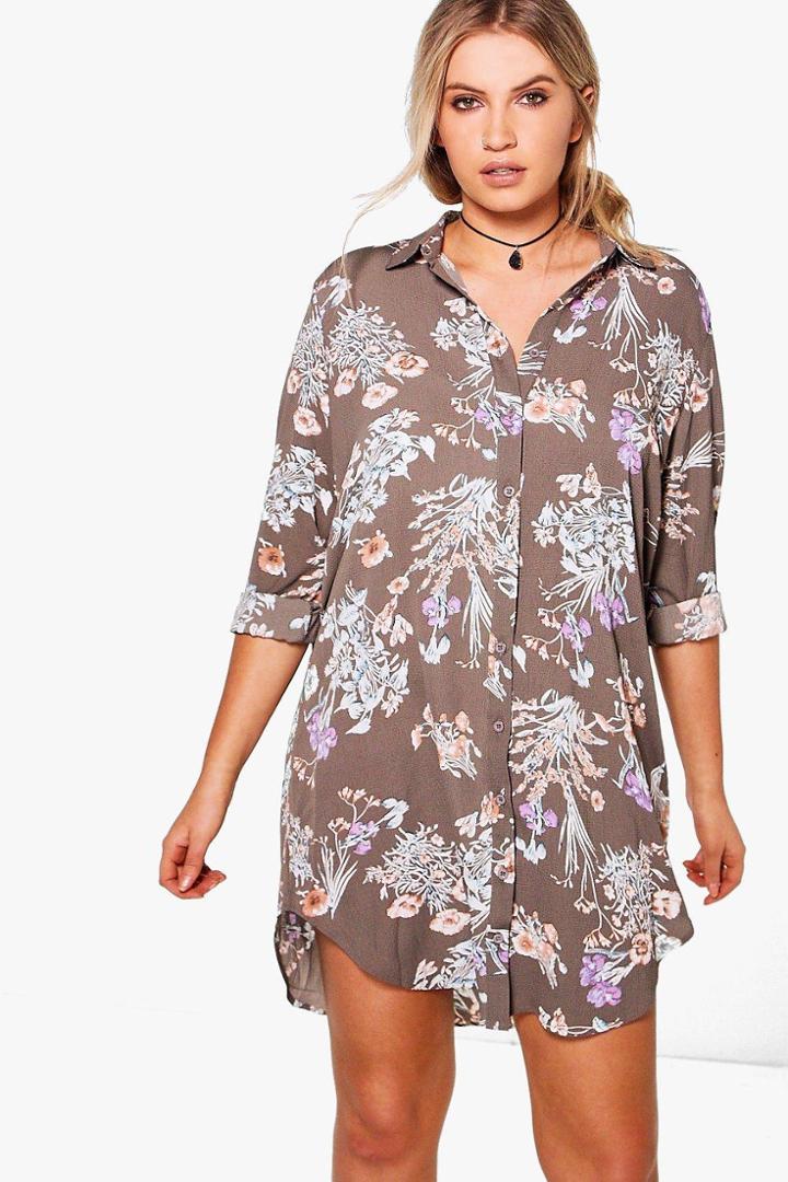 Boohoo Plus Julia Floral Printed Shirt Dress Grey