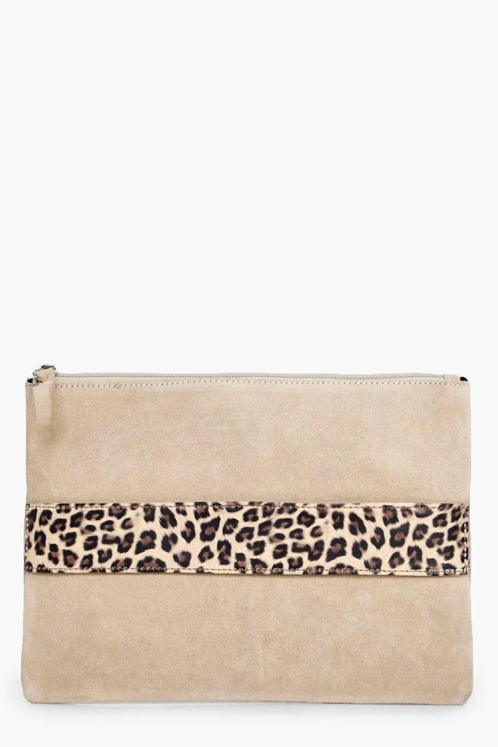 Boohoo Erin Boutique Suede Animal Strap Clutch Bag Nude