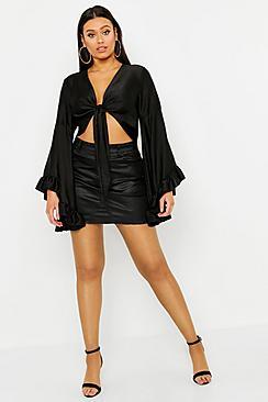 Boohoo Plus Satin Extreme Sleeve Tie Front Top