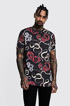 Boohoo Regular Snake Print Tee With Curved Hem