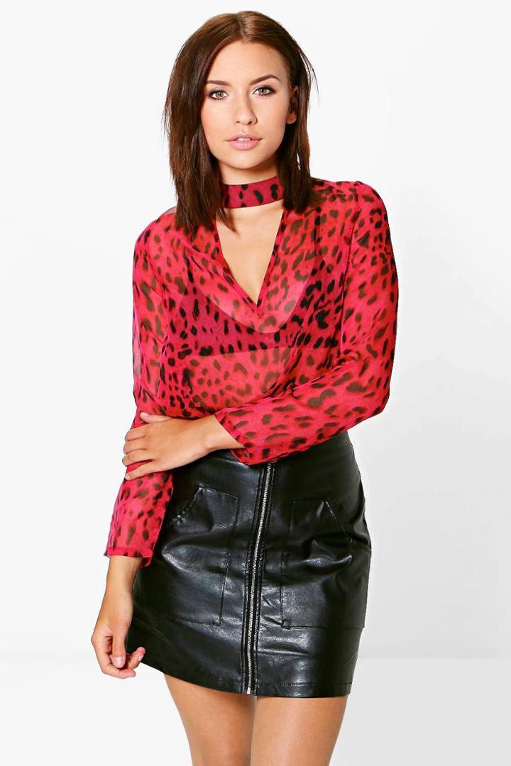 Boohoo Petite Elisa Leopard Print Open Neck Detail Blouse Red