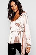 Boohoo Buckle Detail Wrap Satin Blouse