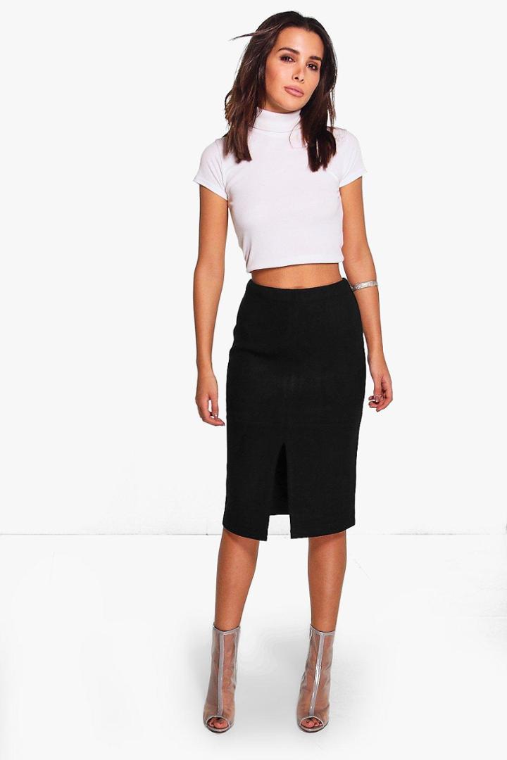 Boohoo Amy Suedette Split Front Midi Skirt Black