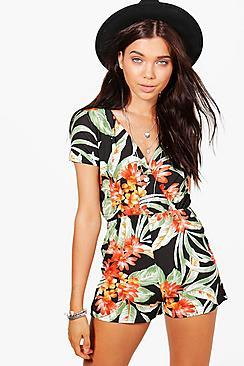 Boohoo Petite Becca Wrap Front Tropical Print Playsuit