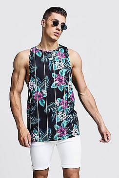 Boohoo Basketball Floral Print Striped Racer Vest