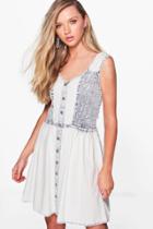 Boohoo Mel Woven Denim Look Skater Dress Denim-blue