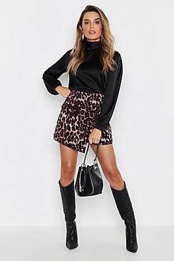 Boohoo Leopard Cord Wrap Button Skort