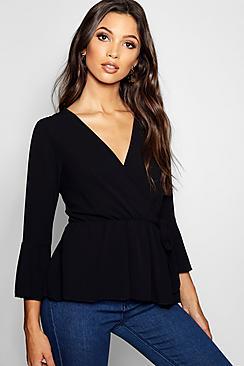 Boohoo Wrap Front Peplum Hem Blouse