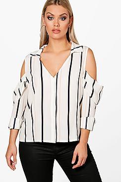 Boohoo Plus Katy Shirred Cold Shoulder Shirt