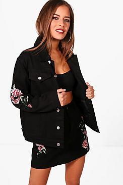 Boohoo Petite Demi Borg Collar Embroidery Denim Jacket