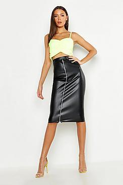 Boohoo Tall Pu Zip Detail Midi Skirt