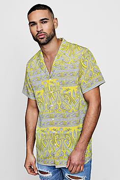 Boohoo Paisley Border Print Short Sleeve Revere Shirt
