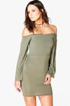 Boohoo Daisy Off The Shoulder Mini Dress Khaki