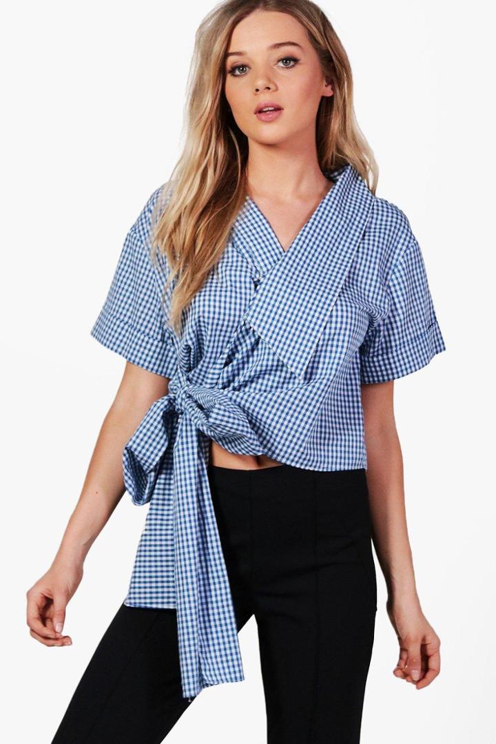 Boohoo Katie Wrap Over Gingham Shirt Blue