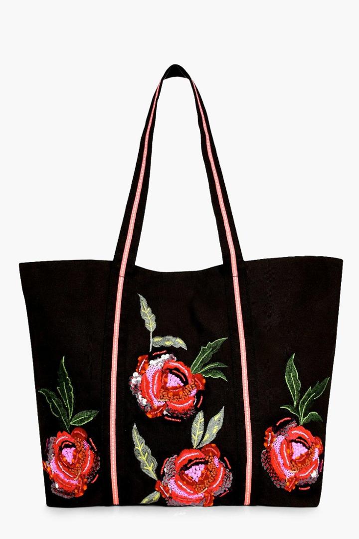 Boohoo Mia Floral Embroidered Shopper Bag Black