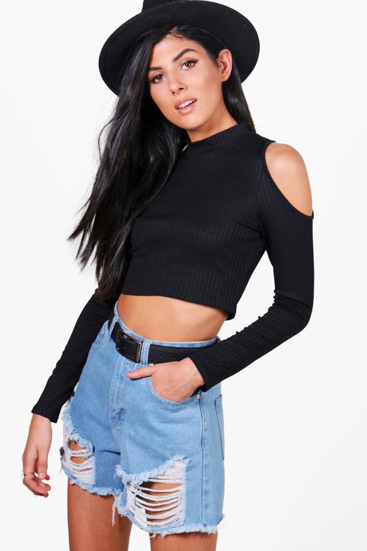 Boohoo Eva Cold Shoulder Ribbed Crop Top Black