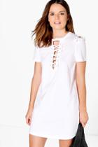 Boohoo Sally Lace Up Front T-shirt Dress White
