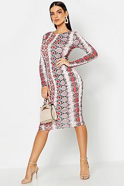 Boohoo Snake Print Long Sleeve Midi Dress
