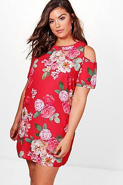 Boohoo Plus Erin Floral Open Shoulder Shift Dress